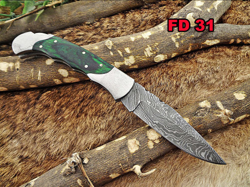 8" long Damascus steel Folding Knife, 2 Tone Green wood with Steel bolster scale, custom made 3.5" Hand Forged blade cow leather sheath