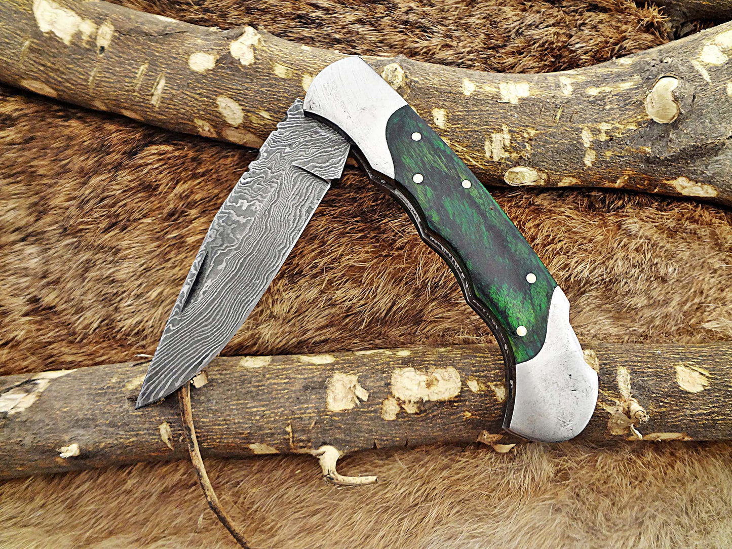 8" long Damascus steel Folding Knife, 2 Tone Green wood with Steel bolster scale, custom made 3.5" Hand Forged blade cow leather sheath