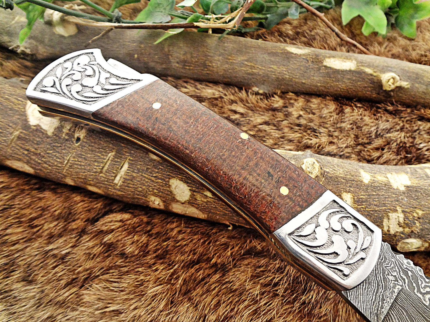 Damascus steel 9" long Folding Knife, Micarta wood Scale with Engraved steel bolster, custom made 4" Hand Forged blade cow leather sheath