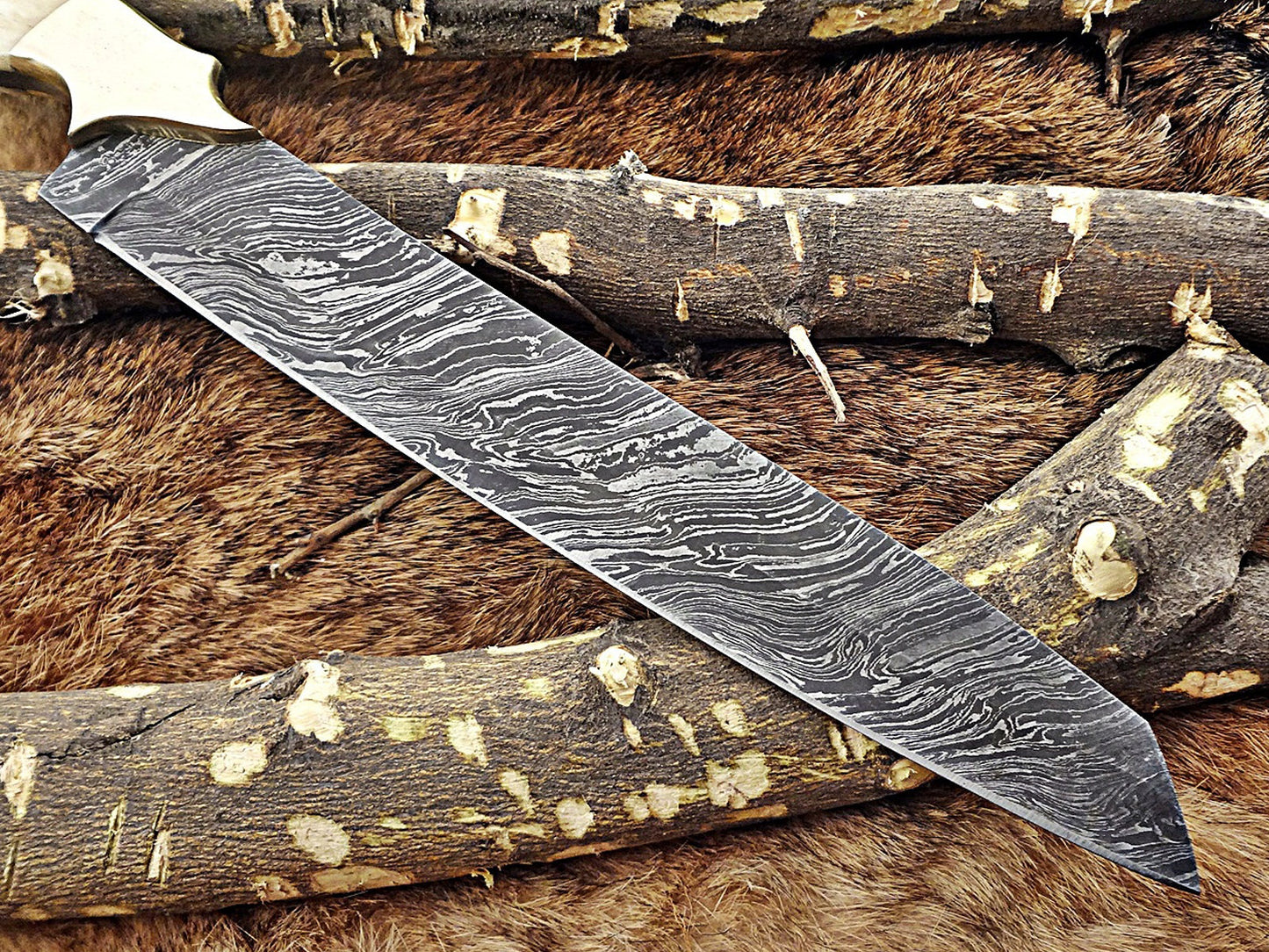 13 Inches long custom made Damascus steel full tang 9" blade kitchen Knife, Camel bone 4" scale with brass bolster