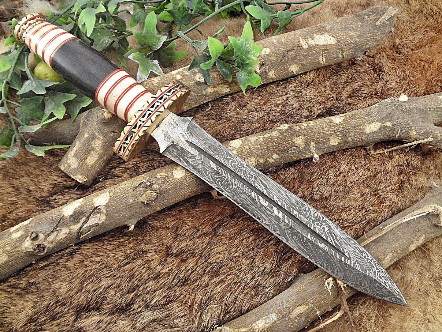 14.5" Long Damascus steel Dagger knife hand forged 8" dual edge,exotic scale crafted with engraved brass finger guard camel bone, Sheath