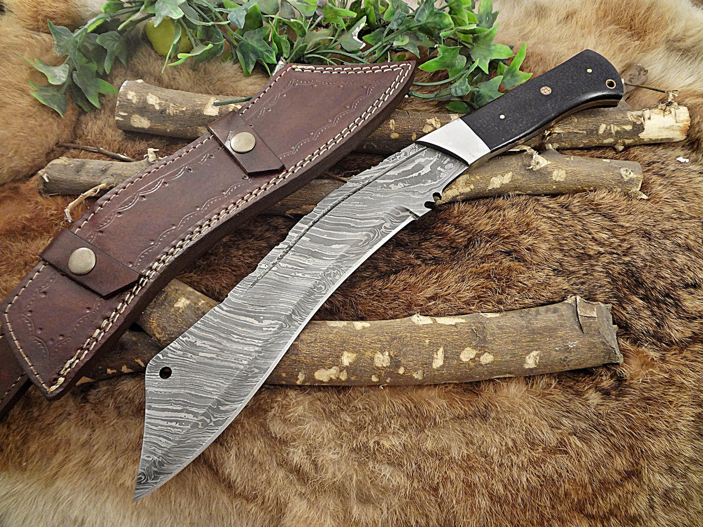 15" Long hand forged Damascus steel Eagle Kukri Knife, 10" full tang blade, Micarta wood scale with steel bolster, Cow hide Leather sheath