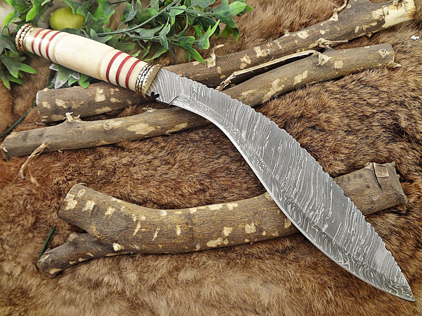 15" custom made Hand Forged Damascus Steel Kukri Knife With 10" blade, camel bone with engraved brass finger guard scale, Leather Sheath