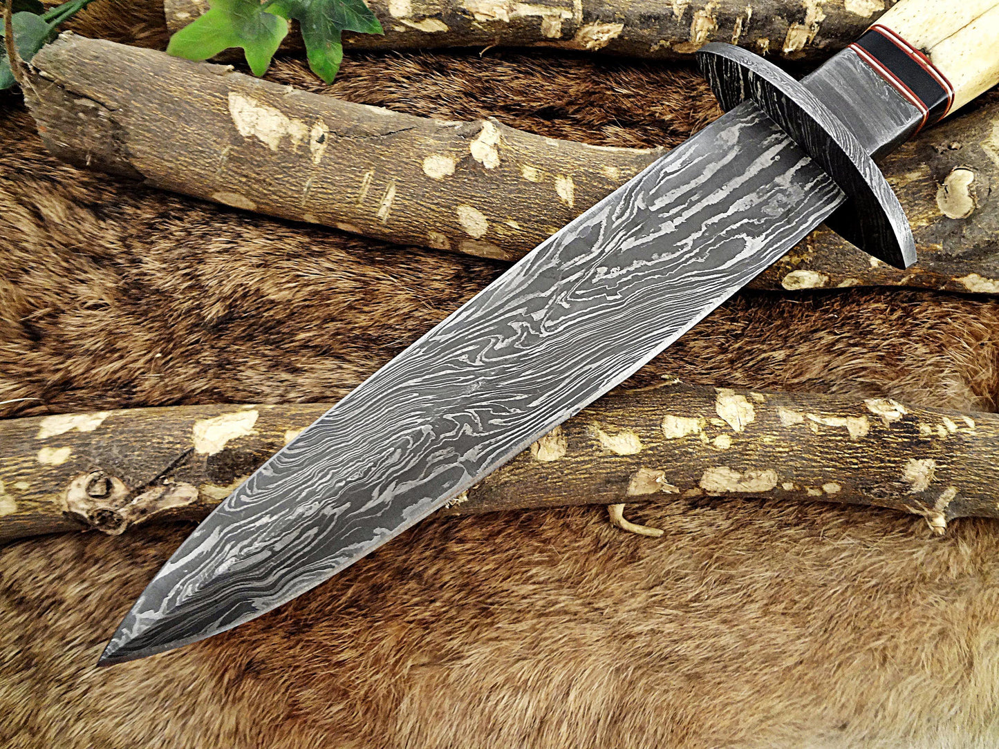 13 Inches long Damascus steel custom made hunting dagger Knife camel bone, Bull horn & bolster scale Hand Forged cow hide leather sheath