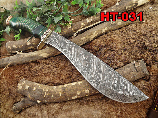 Damascus Steel Kukri Knife 14.5 Inches custom made Hand Forged With 10" blade, 2 Tone Green wood with engraved brass scale, Leather Sheath
