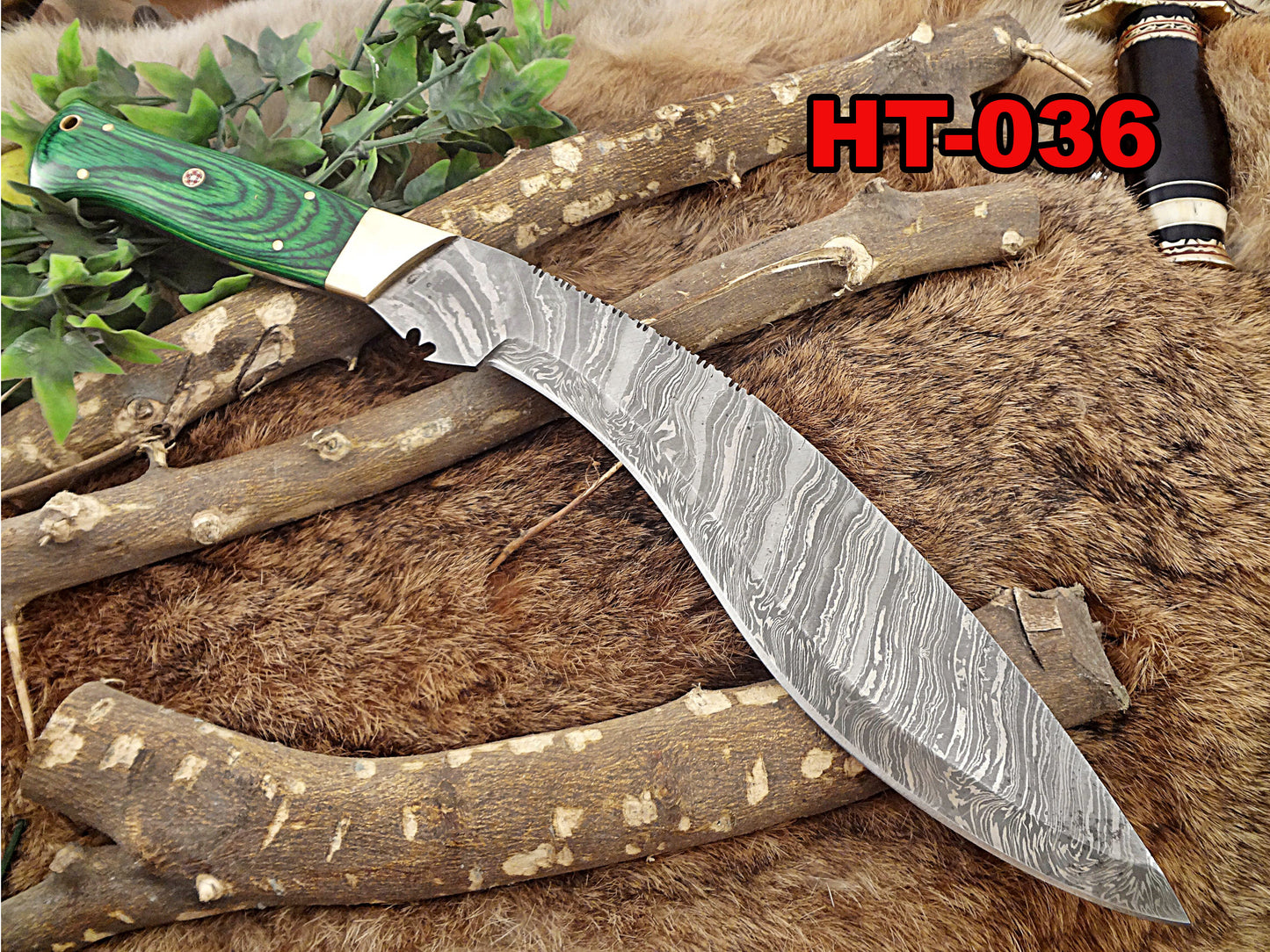 Damascus Steel Kukri Knife 15 Inches custom made Hand Forged With 10" long blade, Green Dollar wood with brass scale, Cow Leather Sheath