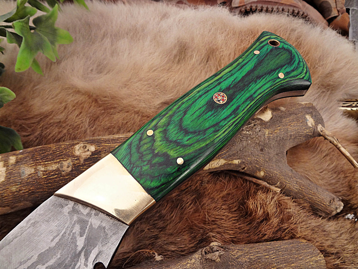 Damascus Steel Kukri Knife 15 Inches custom made Hand Forged With 10" long blade, Green Dollar wood with brass scale, Cow Leather Sheath