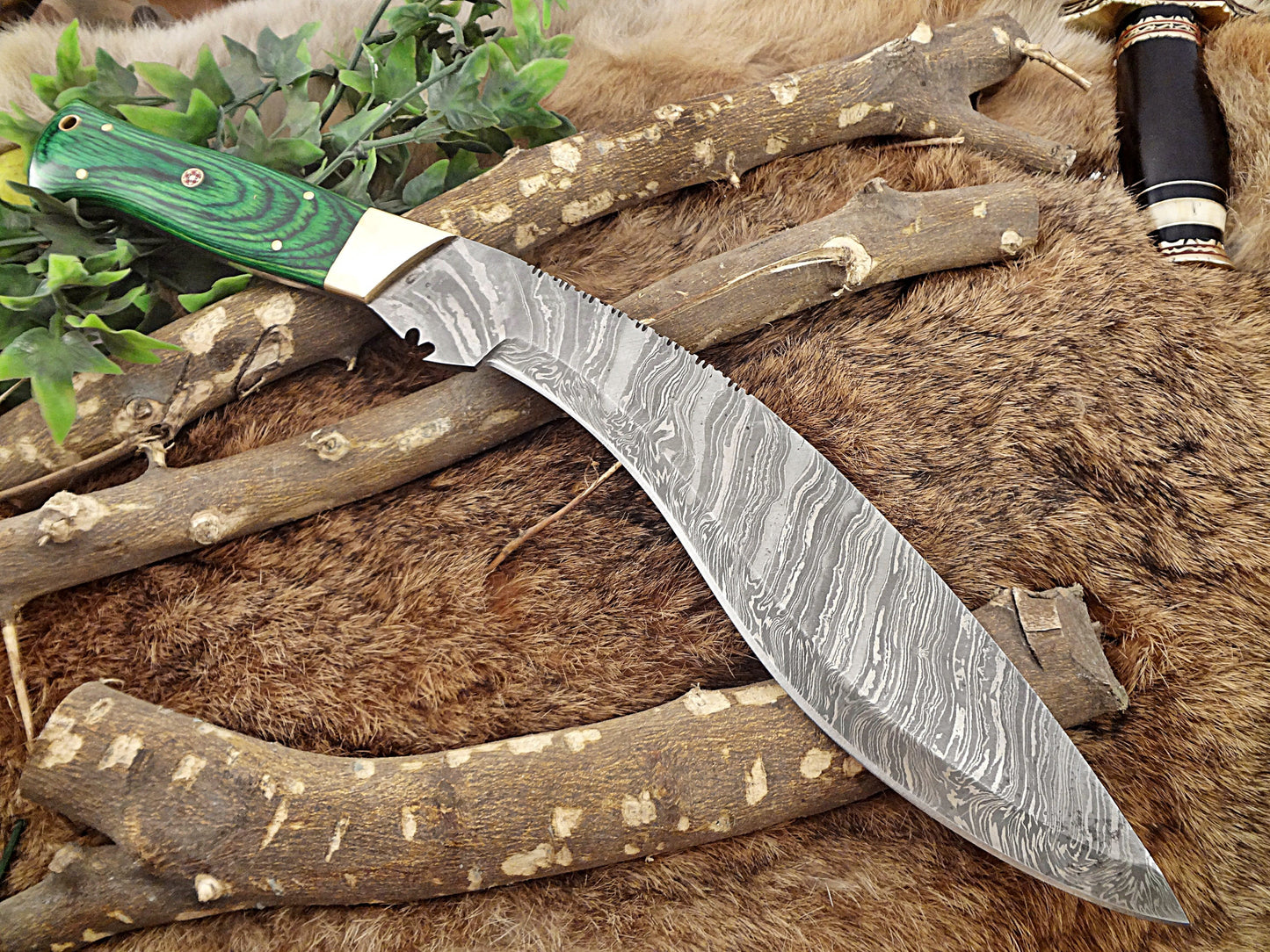 Damascus Steel Kukri Knife 15 Inches custom made Hand Forged With 10" long blade, Green Dollar wood with brass scale, Cow Leather Sheath