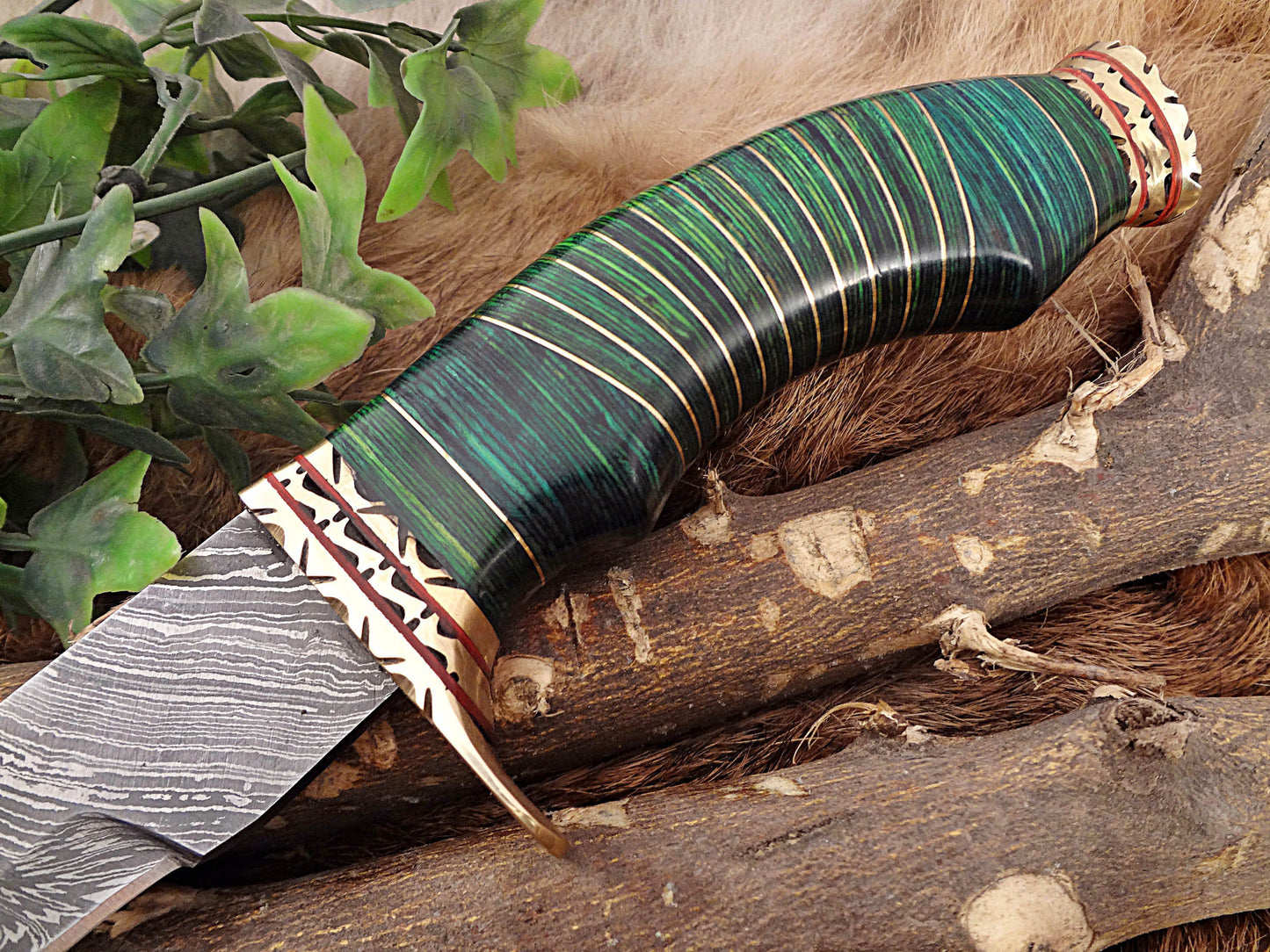 Damascus Steel Kukri Knife 15 Inches custom made Hand Forged With 10" long blade, Green wood with engraved brass scale, Cow Leather Sheath