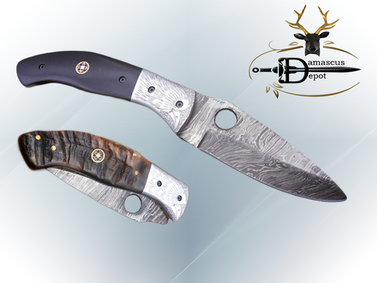 8" folding knife Damascus steel Engraved bird, liner lock, Horn & Bone scale