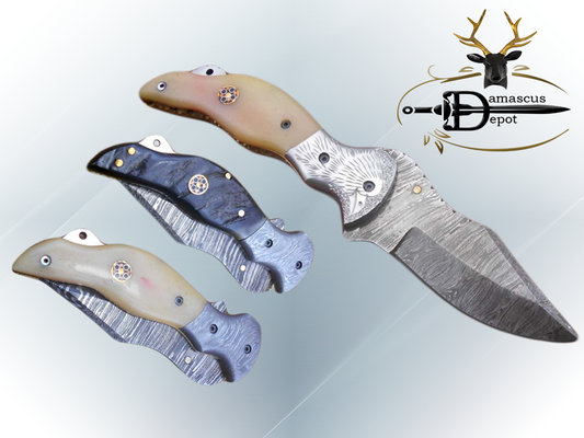 7.5" folding Damascus steel knife, liner lock, thumb knob, Cow Leather sheath